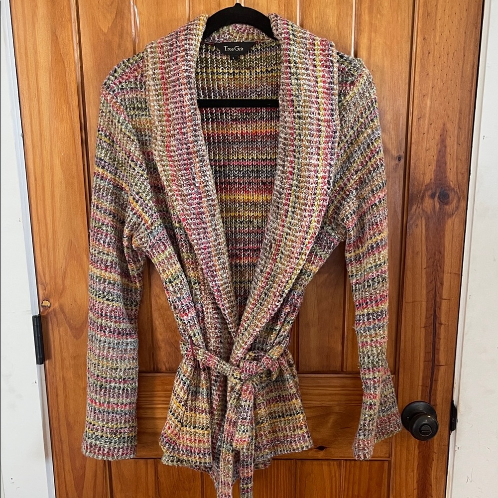 True Grit Multicolor Striped Rainbow Belted shawl collar Cardigan Sweater Large